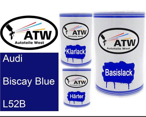 Audi, Biscay Blue, L52B: 500ml Lackdose + 500ml Klarlack + 250ml Härter - Set, von ATW Autoteile West.